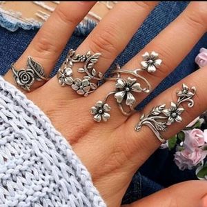 (4)PC PEWTER SILVER COLORED ALLOY METAL FLORAL FLOWER VINES RINGS